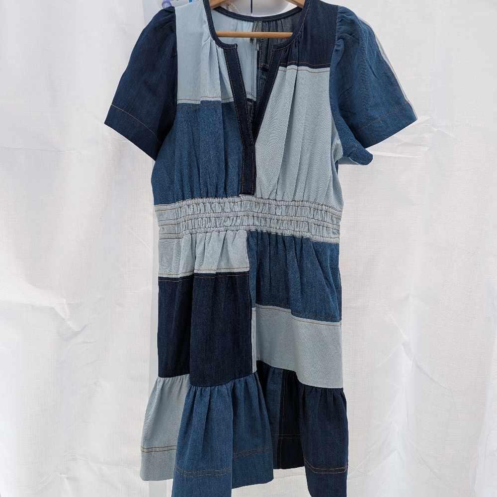Anthropologie | The Somerset Demin Blue Patchwork Dress Medium - Picture 5 of 16